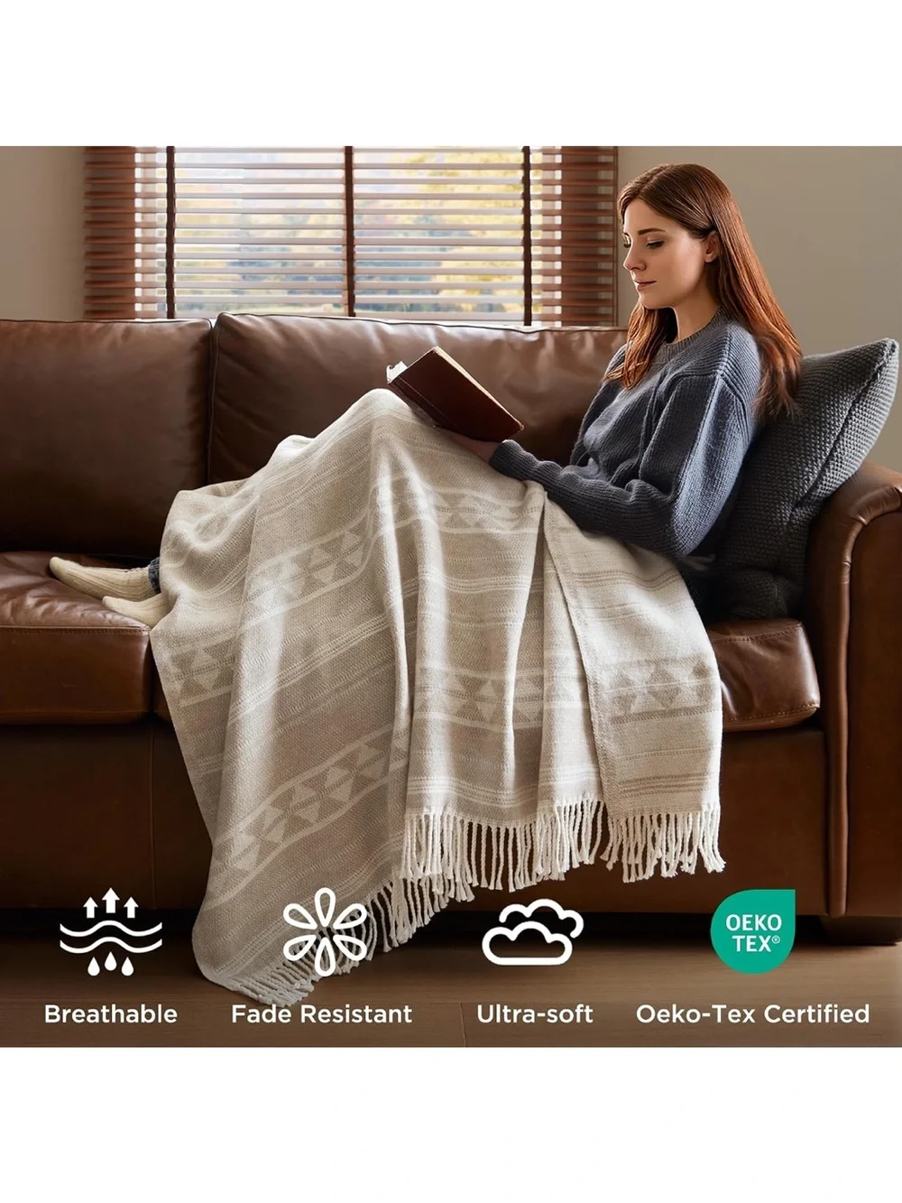 Woolrich Cotton Jacquard Brushed Throw Blanket 50x60 Stripe Ivory. 2410/C-3
